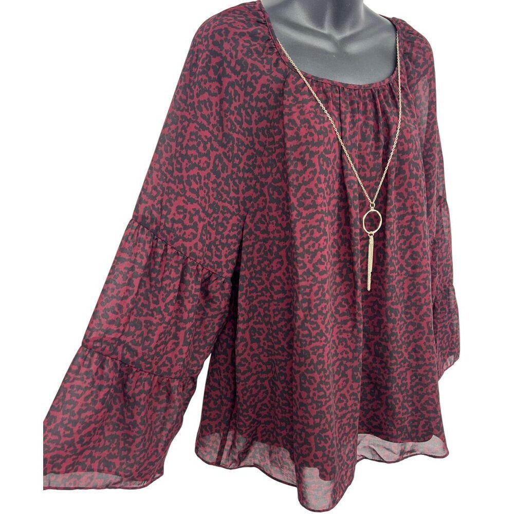 JM Collection Women XL Cherry Pie Red Black Leopard Blouse Long Bell Sleeve New - Picture 4 of 9
